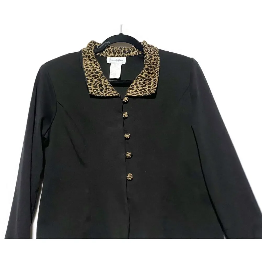 Especially Yours Women's Black Jacket Size 12 Leopard Print Collar Cuffs Button